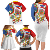 Philippines MassKara Festival Family Matching Long Sleeve Bodycon Dress and Hawaiian Shirt Smile Masks with Hawaiian Art Pattern and Tropical Plants LT03 - Polynesian Pride