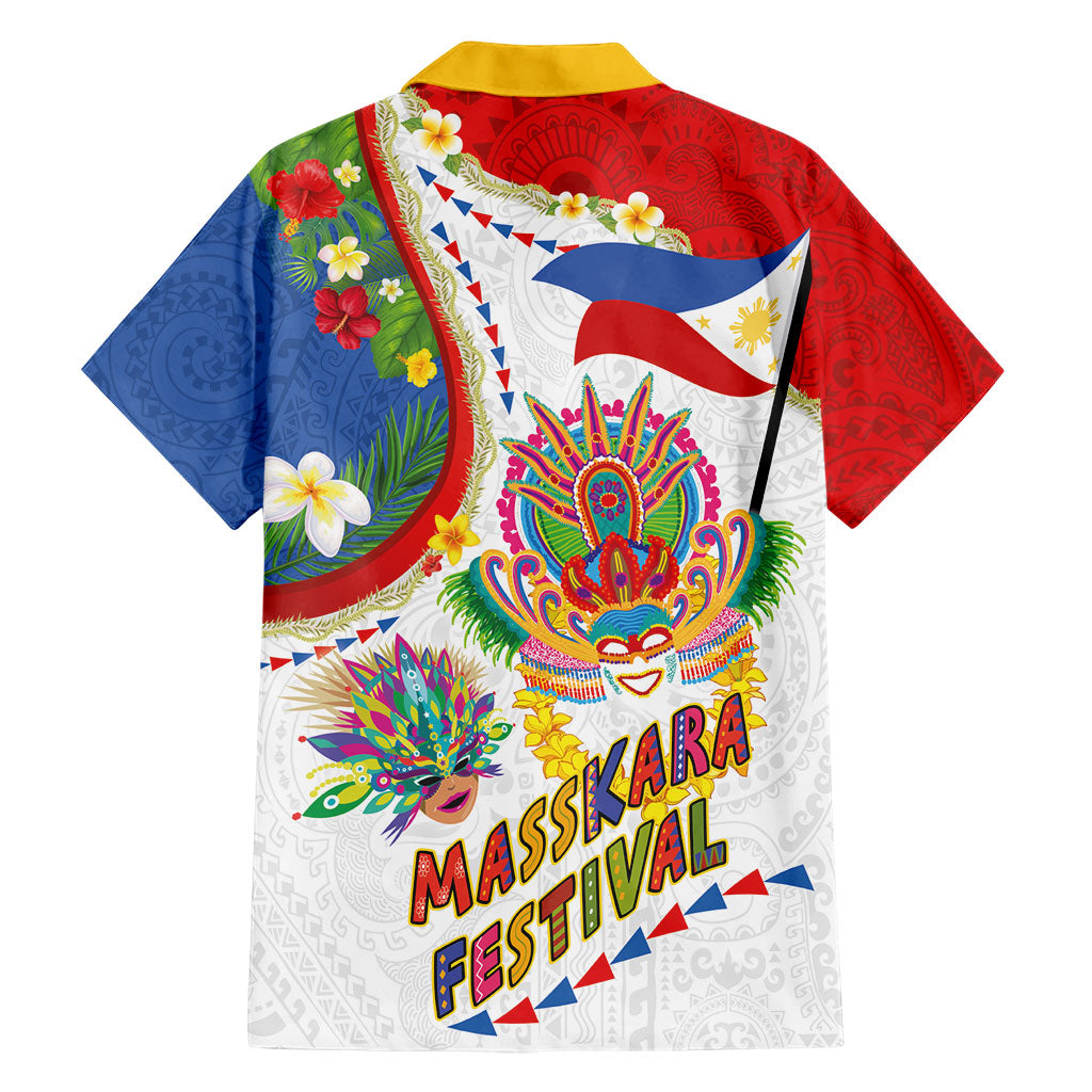 Philippines MassKara Festival Family Matching Off The Shoulder Long Sleeve Dress and Hawaiian Shirt Smile Masks with Hawaiian Art Pattern and Tropical Plants LT03 - Polynesian Pride