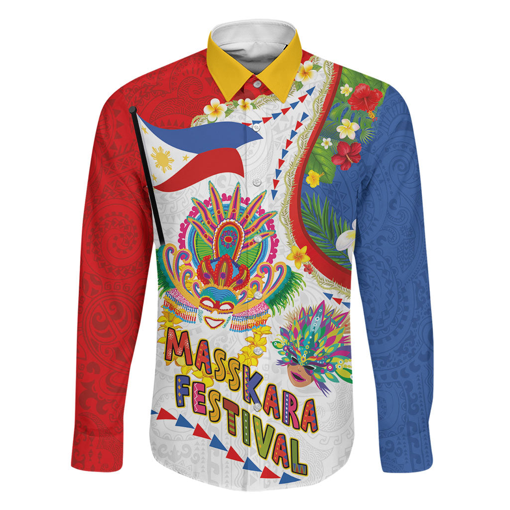 Philippines MassKara Festival Family Matching Off The Shoulder Long Sleeve Dress and Hawaiian Shirt Smile Masks with Hawaiian Art Pattern and Tropical Plants LT03 Dad's Shirt - Long Sleeve Multicolor - Polynesian Pride