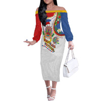 Philippines MassKara Festival Family Matching Off The Shoulder Long Sleeve Dress and Hawaiian Shirt Smile Masks with Hawaiian Art Pattern and Tropical Plants LT03 Mom's Dress Multicolor - Polynesian Pride