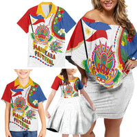 Philippines MassKara Festival Family Matching Off Shoulder Short Dress and Hawaiian Shirt Smile Masks with Hawaiian Art Pattern and Tropical Plants LT03 - Polynesian Pride