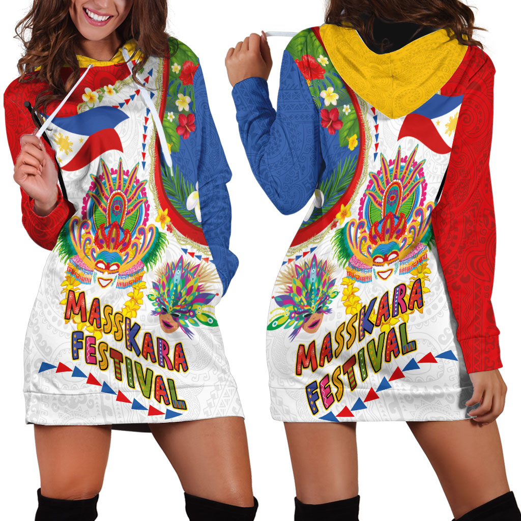 Philippines MassKara Festival Hoodie Dress Smile Masks with Hawaiian Art Pattern and Tropical Plants