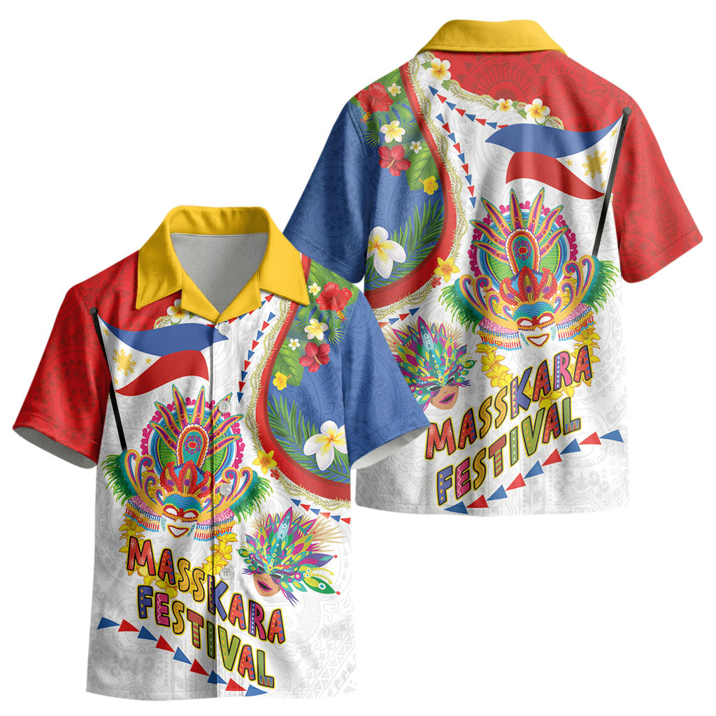 Philippines MassKara Festival Kid Hawaiian Shirt Smile Masks with Hawaiian Art Pattern and Tropical Plants LT03 - Polynesian Pride