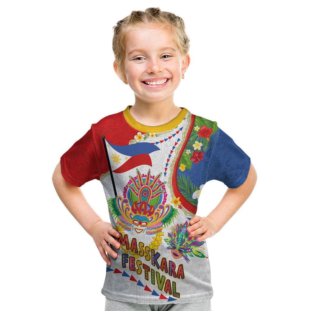 Philippines MassKara Festival Kid T Shirt Smile Masks with Hawaiian Art Pattern and Tropical Plants