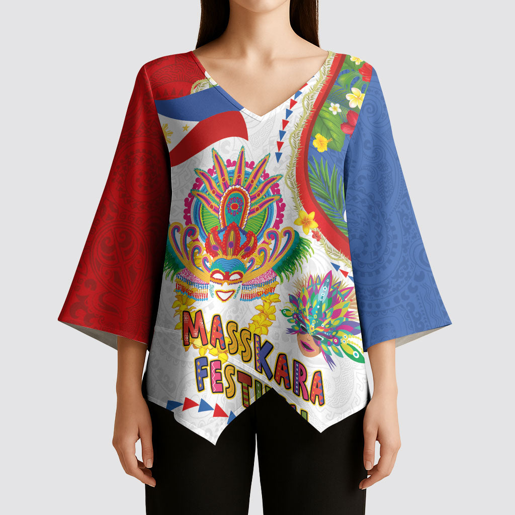 Philippines MassKara Festival Kimono Sleeve Blouse Smile Masks with Hawaiian Art Pattern and Tropical Plants LT03 - Polynesian Pride