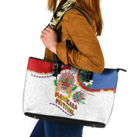 Philippines MassKara Festival Leather Tote Bag Smile Masks with Hawaiian Art Pattern and Tropical Plants LT03 Multicolor - Polynesian Pride