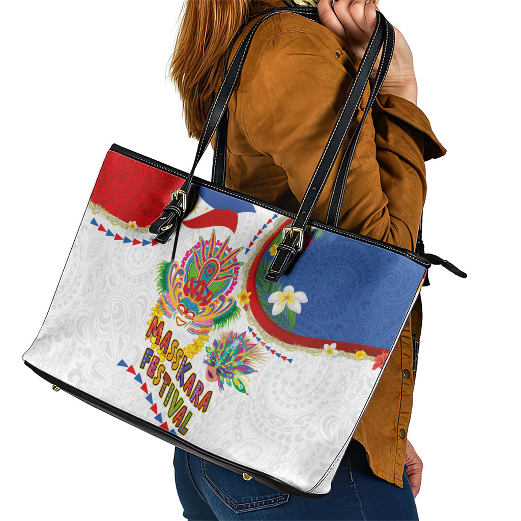 Philippines MassKara Festival Leather Tote Bag Smile Masks with Hawaiian Art Pattern and Tropical Plants LT03 - Polynesian Pride