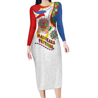 Philippines MassKara Festival Long Sleeve Bodycon Dress Smile Masks with Hawaiian Art Pattern and Tropical Plants LT03 Long Dress Multicolor - Polynesian Pride