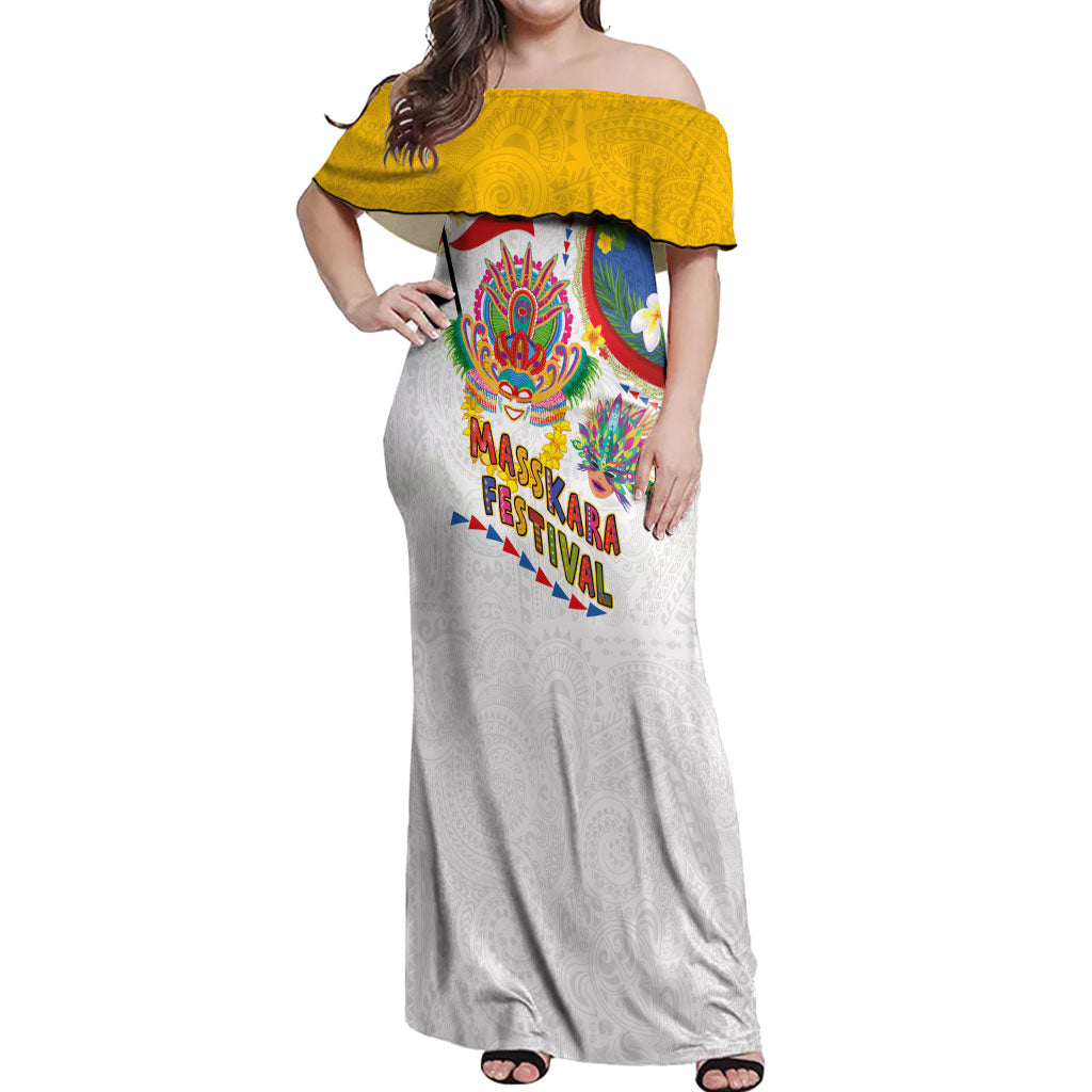 Philippines MassKara Festival Off Shoulder Maxi Dress Smile Masks with Hawaiian Art Pattern and Tropical Plants LT03 Women Multicolor - Polynesian Pride