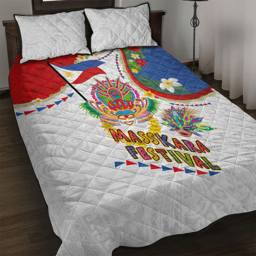 Philippines MassKara Festival Quilt Bed Set Smile Masks with Hawaiian Art Pattern and Tropical Plants
