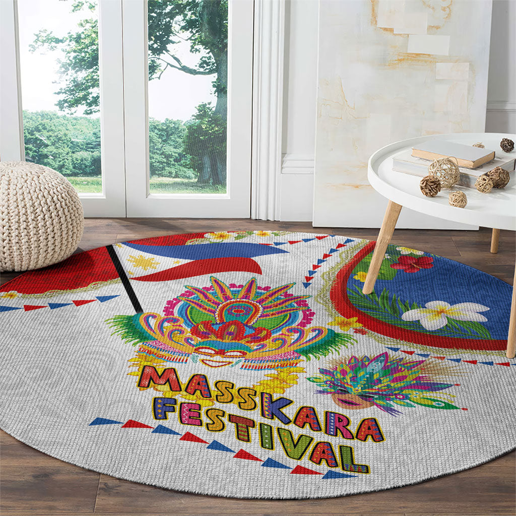 Philippines MassKara Festival Round Carpet Smile Masks with Hawaiian Art Pattern and Tropical Plants
