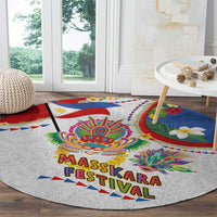 Philippines MassKara Festival Round Carpet Smile Masks with Hawaiian Art Pattern and Tropical Plants