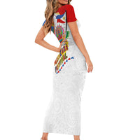 Philippines MassKara Festival Short Sleeve Bodycon Dress Smile Masks with Hawaiian Art Pattern and Tropical Plants LT03 - Polynesian Pride
