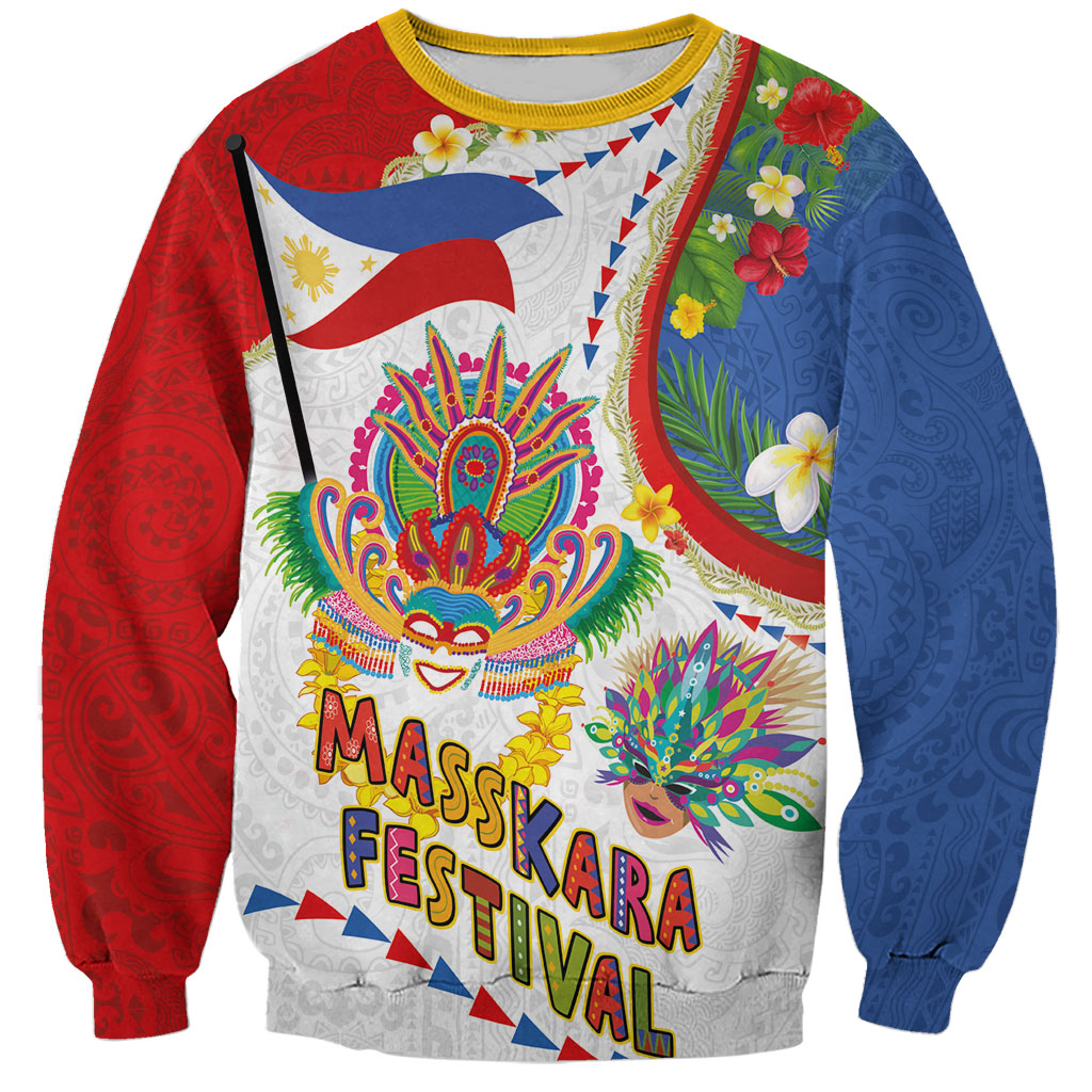 Philippines MassKara Festival Sweatshirt Smile Masks with Hawaiian Art Pattern and Tropical Plants LT03 Unisex Multicolor - Polynesian Pride