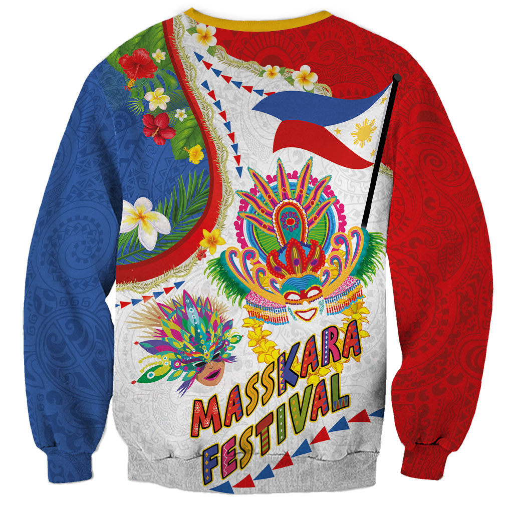 Philippines MassKara Festival Sweatshirt Smile Masks with Hawaiian Art Pattern and Tropical Plants LT03 - Polynesian Pride