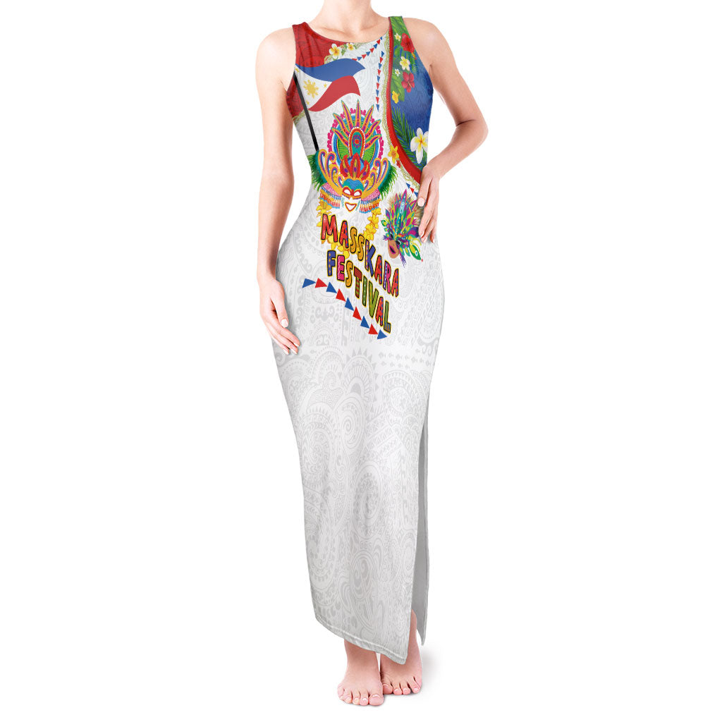 Philippines MassKara Festival Tank Maxi Dress Smile Masks with Hawaiian Art Pattern and Tropical Plants