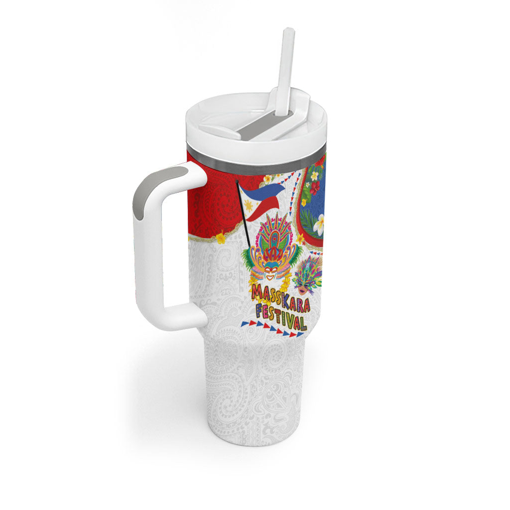 Philippines MassKara Festival Tumbler With Handle Smile Masks with Hawaiian Art Pattern and Tropical Plants LT03 - Polynesian Pride