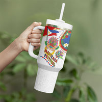 Philippines MassKara Festival Tumbler With Handle Smile Masks with Hawaiian Art Pattern and Tropical Plants LT03 - Polynesian Pride