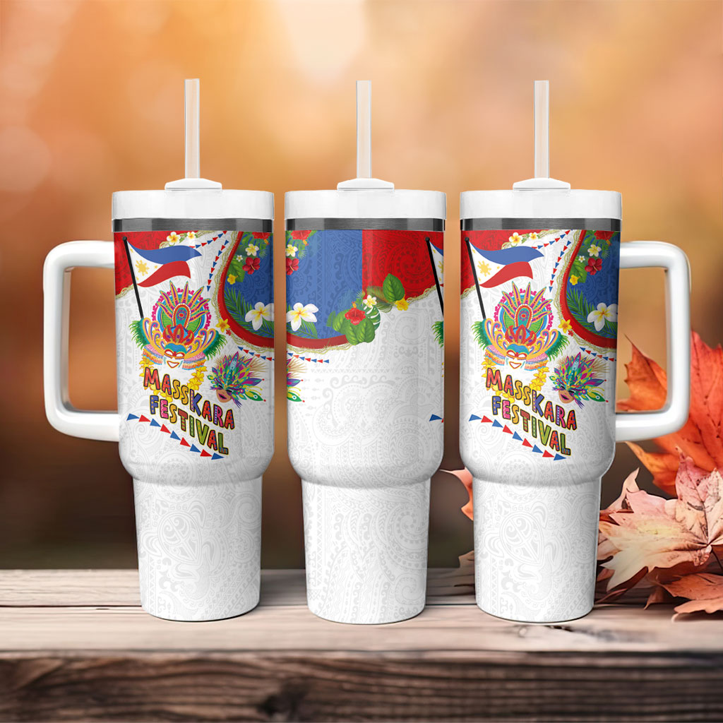 Philippines MassKara Festival Tumbler With Handle Smile Masks with Hawaiian Art Pattern and Tropical Plants LT03 - Polynesian Pride