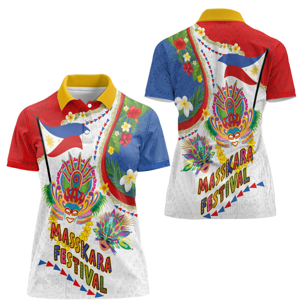 Philippines MassKara Festival Women Polo Shirt Smile Masks with Hawaiian Art Pattern and Tropical Plants