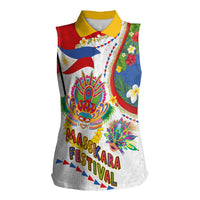 Philippines MassKara Festival Women Sleeveless Polo Shirt Smile Masks with Hawaiian Art Pattern and Tropical Plants LT03 Female Multicolor - Polynesian Pride