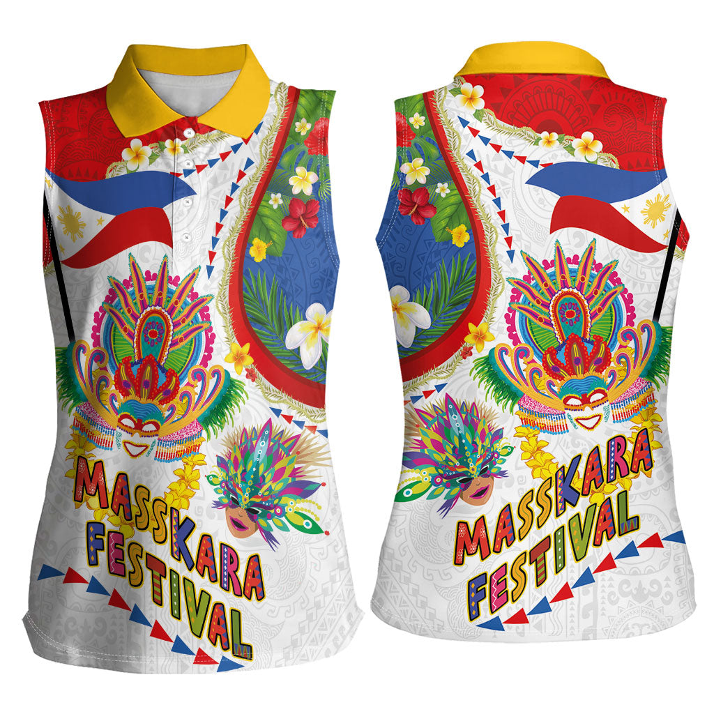 Philippines MassKara Festival Women Sleeveless Polo Shirt Smile Masks with Hawaiian Art Pattern and Tropical Plants LT03 - Polynesian Pride