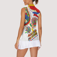 Philippines MassKara Festival Women Sleeveless Polo Shirt Smile Masks with Hawaiian Art Pattern and Tropical Plants LT03 - Polynesian Pride