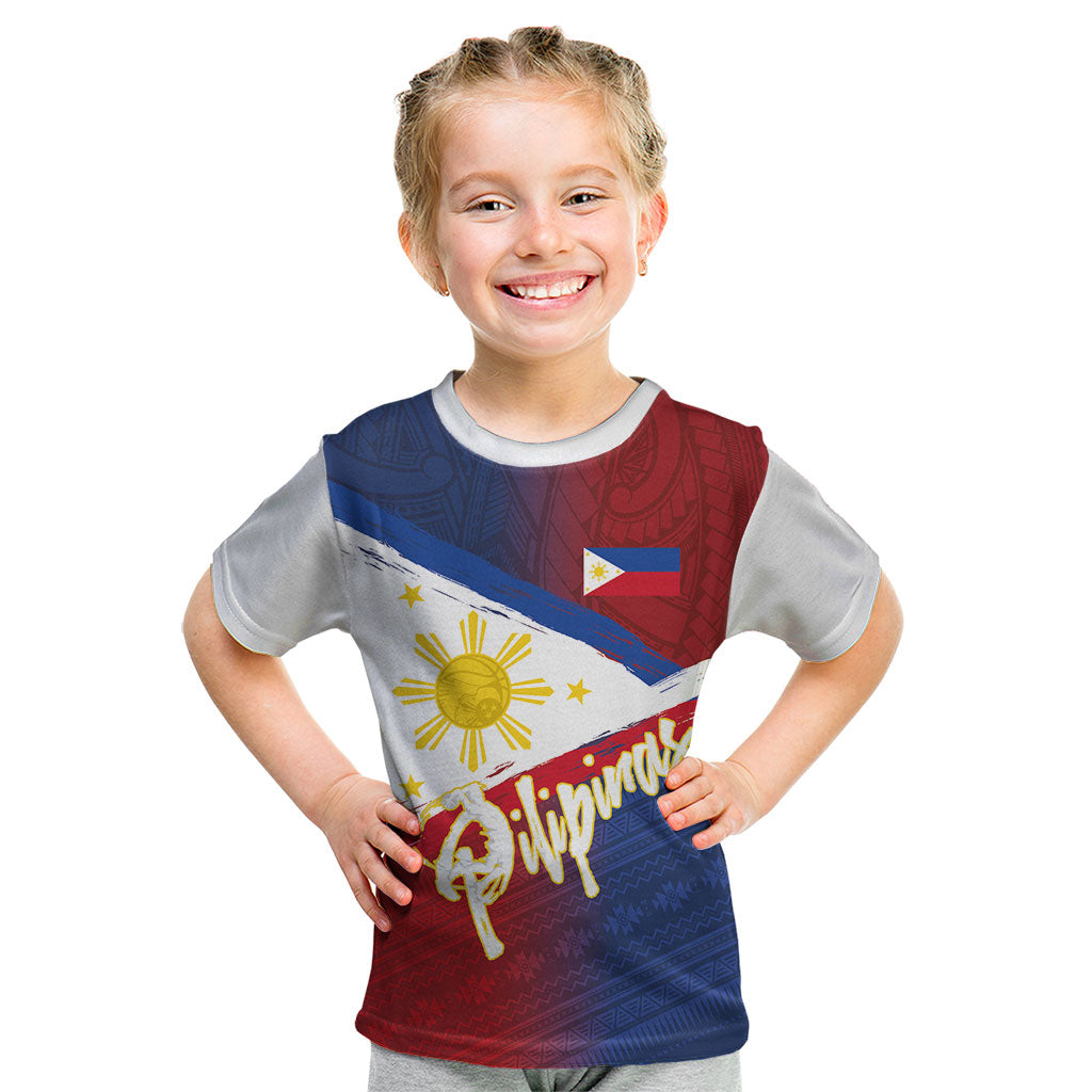 Philippines Basketball Custom Kid T Shirt Pilipinas Tribal Pattern LT03 Multicolor - Polynesian Pride