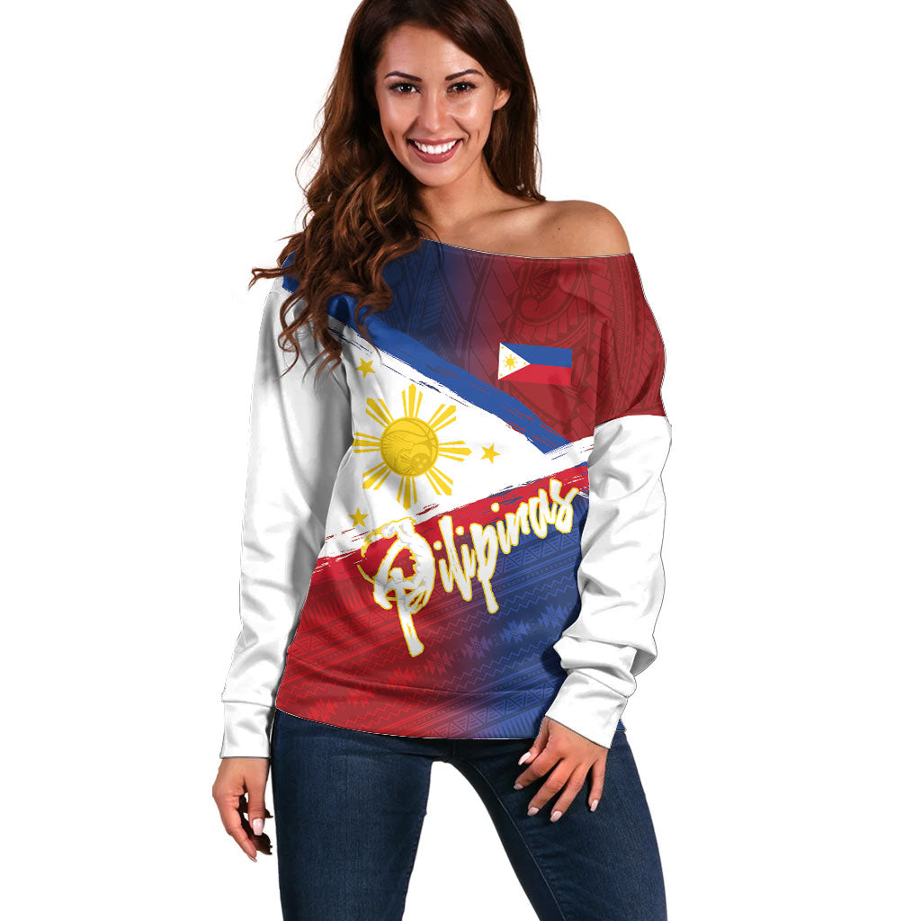 Philippines Basketball Custom Off Shoulder Sweater Pilipinas Tribal Pattern LT03 Women Multicolor - Polynesian Pride