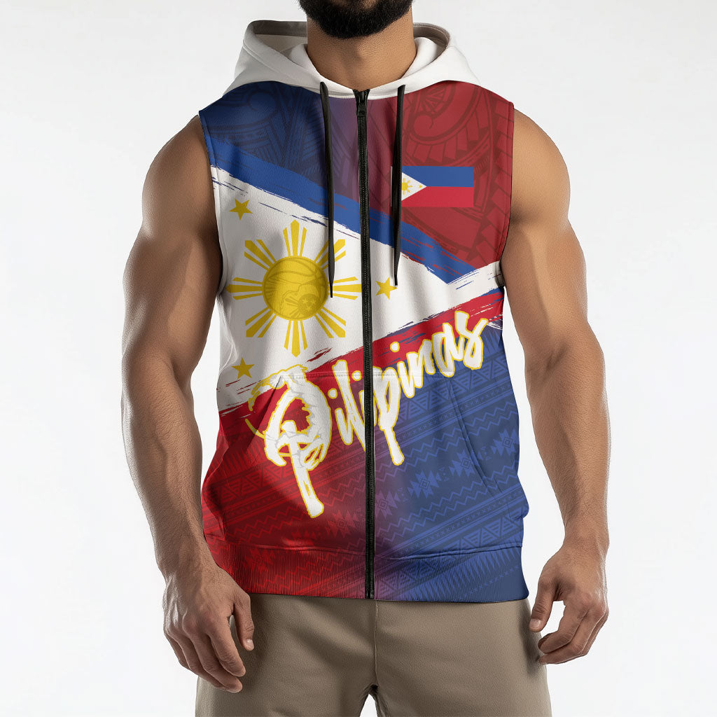 Philippines Basketball Custom Sleeveless Zip Hoodie Pilipinas Tribal Pattern