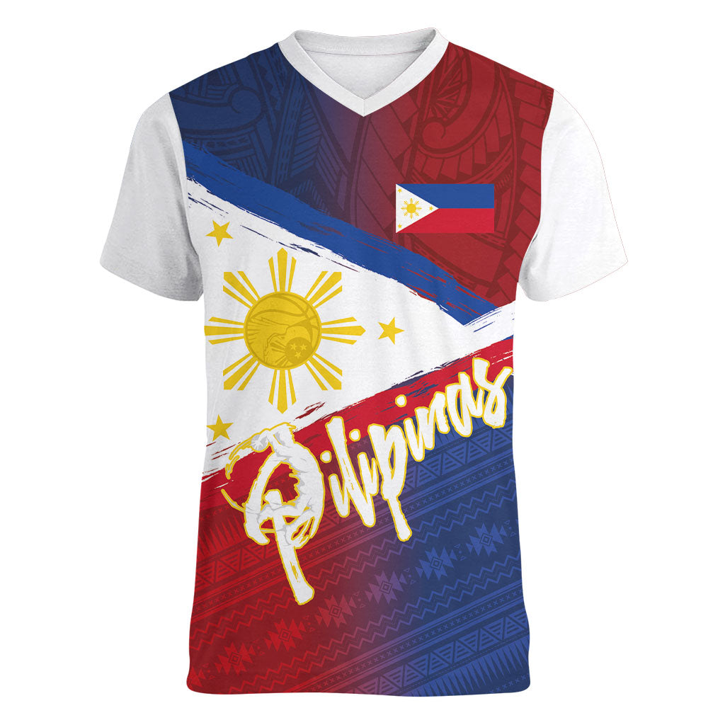 Philippines Basketball Custom Women V-Neck T-Shirt Pilipinas Tribal Pattern LT03 Female Multicolor - Polynesian Pride