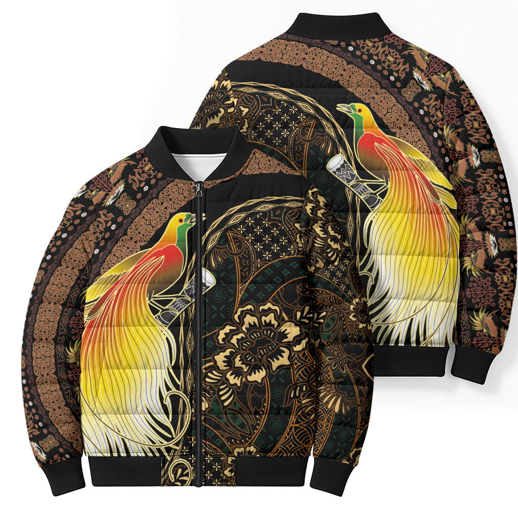 Papua New Guinea and Indonesia Batik Bomber Puffer Jacket Bird of Paradise with Tribal Batik Patterns