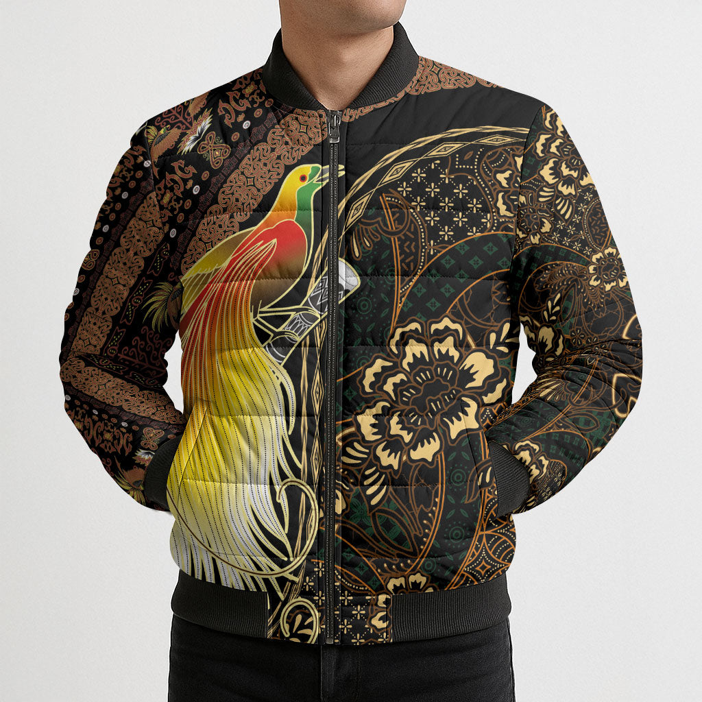 Papua New Guinea and Indonesia Batik Bomber Puffer Jacket Bird of Paradise with Tribal Batik Patterns