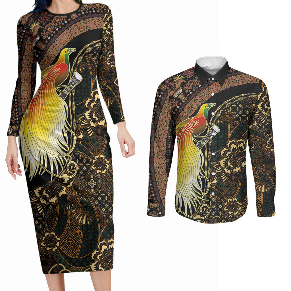 Papua New Guinea and Indonesia Batik Couples Matching Long Sleeve Bodycon Dress and Long Sleeve Button Shirt Bird of Paradise with Tribal Batik Patterns LT03 Multicolor - Polynesian Pride