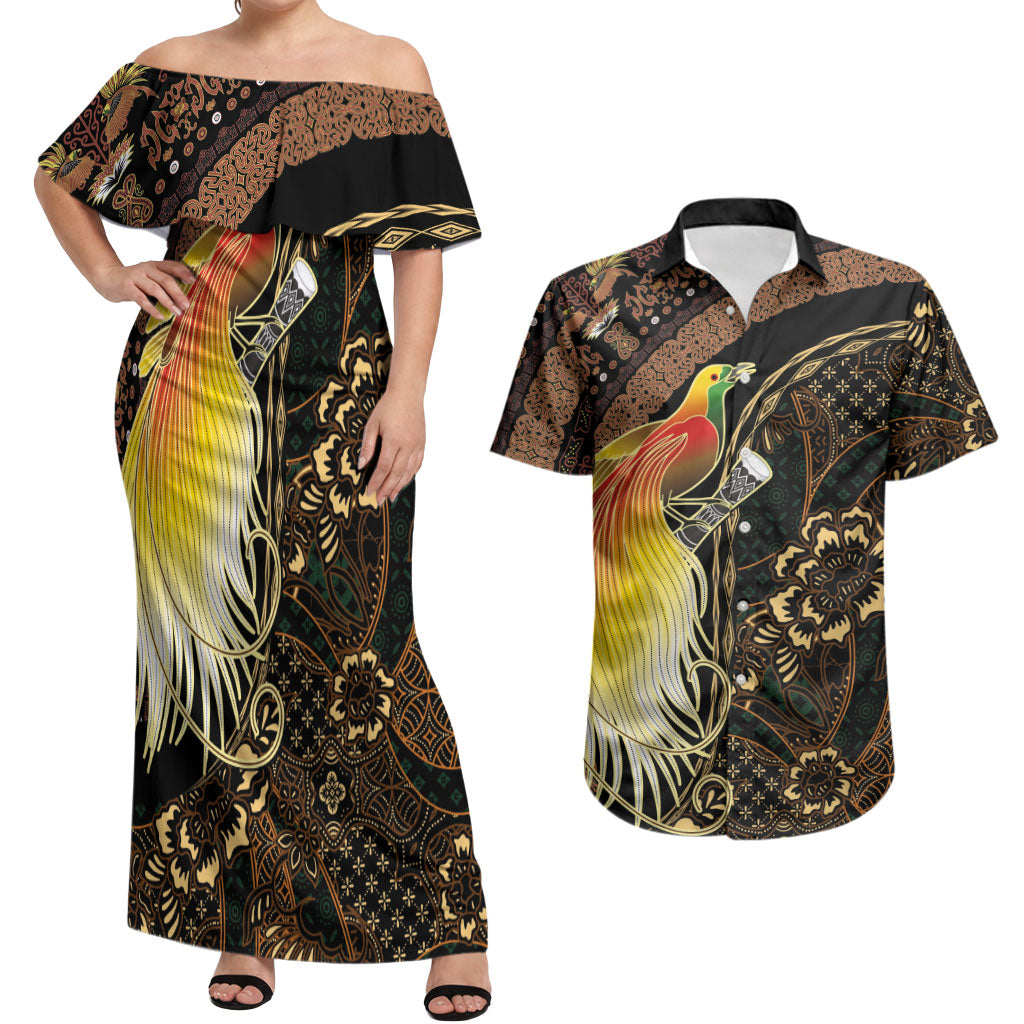 Papua New Guinea and Indonesia Batik Couples Matching Off Shoulder Maxi Dress and Hawaiian Shirt Bird of Paradise with Tribal Batik Patterns LT03 Multicolor - Polynesian Pride