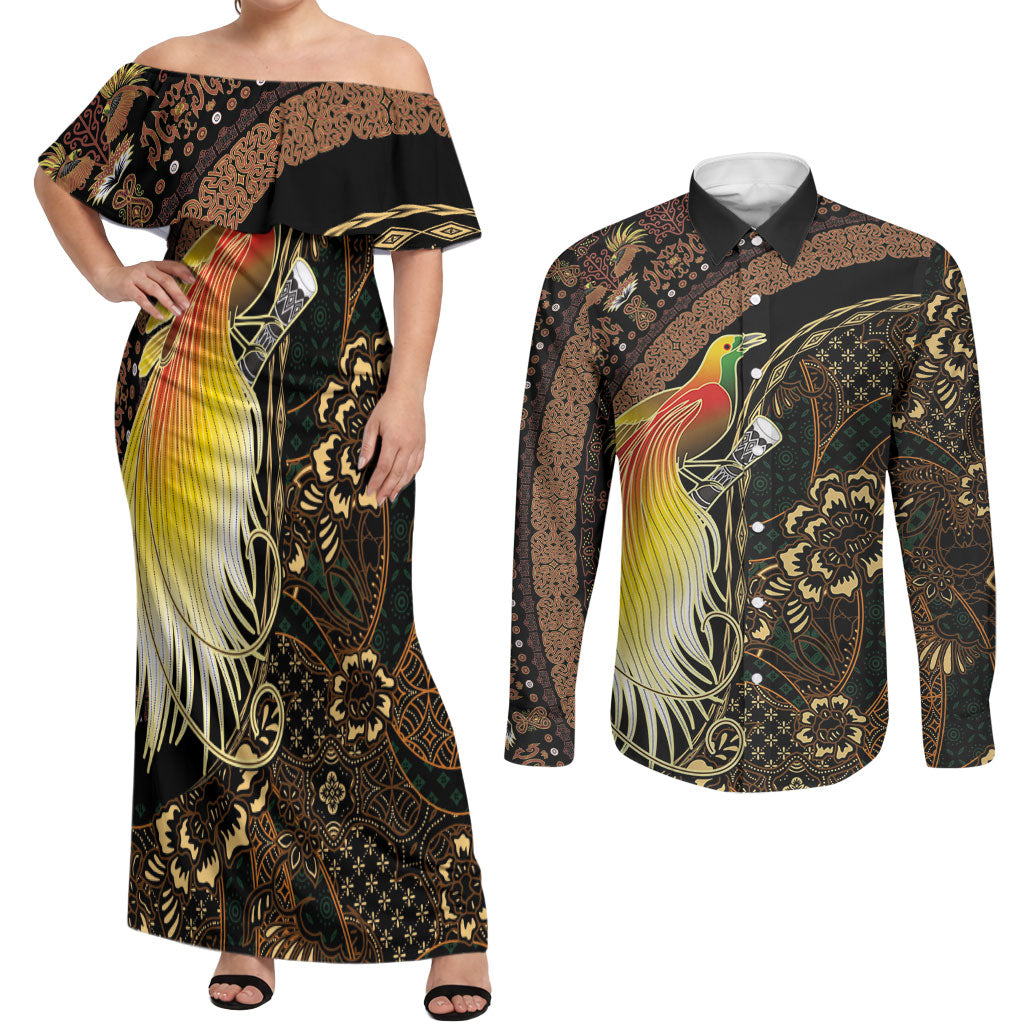Papua New Guinea and Indonesia Batik Couples Matching Off Shoulder Maxi Dress and Long Sleeve Button Shirt Bird of Paradise with Tribal Batik Patterns LT03 Multicolor - Polynesian Pride