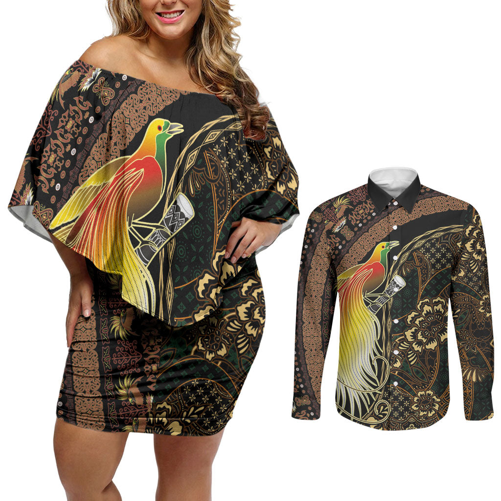 Papua New Guinea and Indonesia Batik Couples Matching Off Shoulder Short Dress and Long Sleeve Button Shirt Bird of Paradise with Tribal Batik Patterns LT03 Multicolor - Polynesian Pride