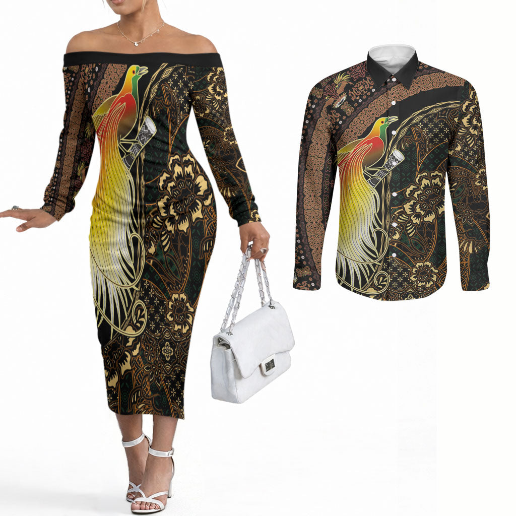 Papua New Guinea and Indonesia Batik Couples Matching Off The Shoulder Long Sleeve Dress and Long Sleeve Button Shirt Bird of Paradise with Tribal Batik Patterns LT03 Multicolor - Polynesian Pride