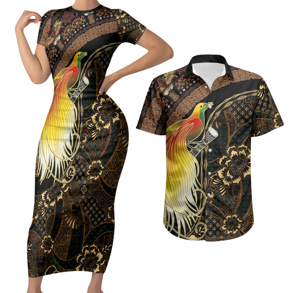 Papua New Guinea and Indonesia Batik Couples Matching Short Sleeve Bodycon Dress and Hawaiian Shirt Bird of Paradise with Tribal Batik Patterns LT03 Multicolor - Polynesian Pride