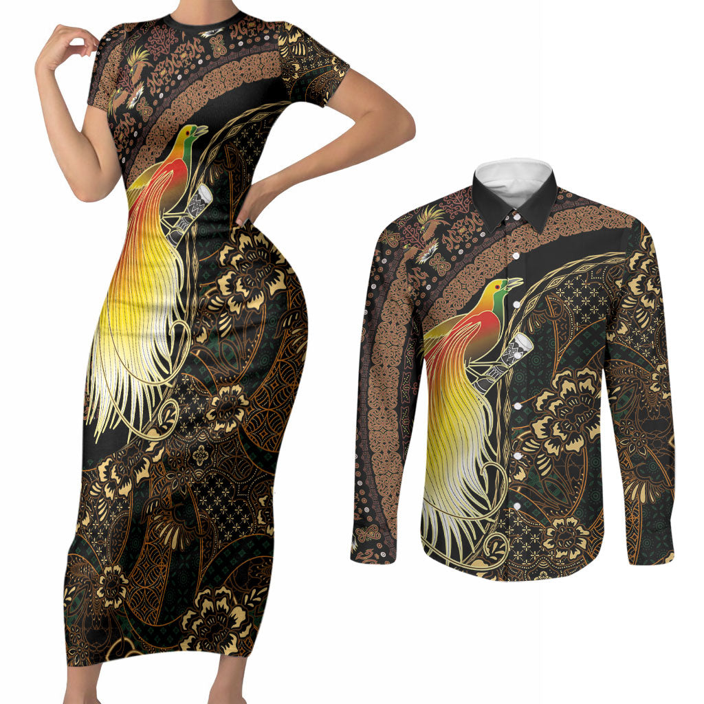 Papua New Guinea and Indonesia Batik Couples Matching Short Sleeve Bodycon Dress and Long Sleeve Button Shirt Bird of Paradise with Tribal Batik Patterns LT03 Multicolor - Polynesian Pride