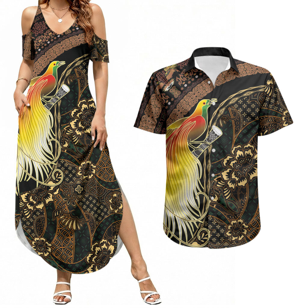 Papua New Guinea and Indonesia Batik Couples Matching Summer Maxi Dress and Hawaiian Shirt Bird of Paradise with Tribal Batik Patterns LT03 Multicolor - Polynesian Pride