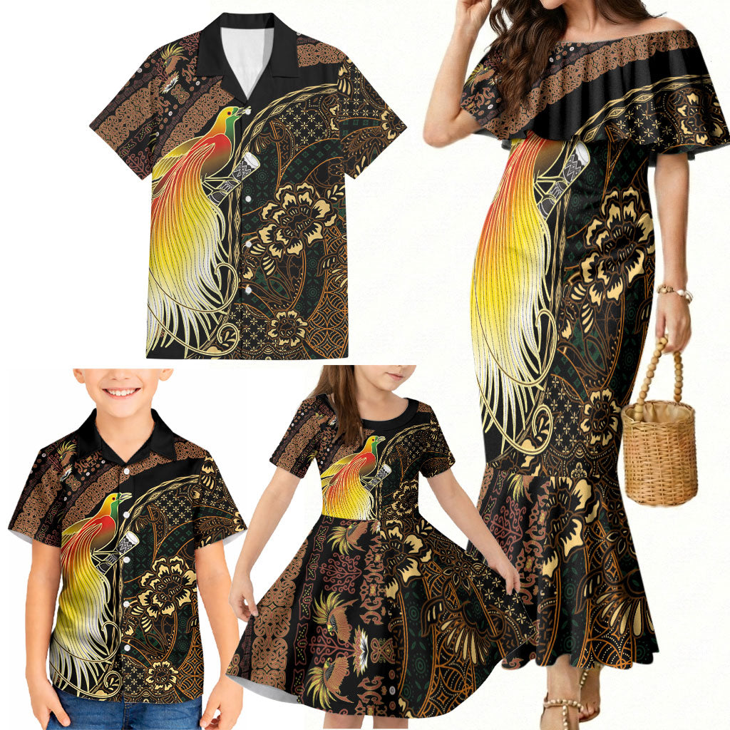 Papua New Guinea and Indonesia Batik Family Matching Mermaid Dress and Hawaiian Shirt Bird of Paradise with Tribal Batik Patterns LT03 - Polynesian Pride