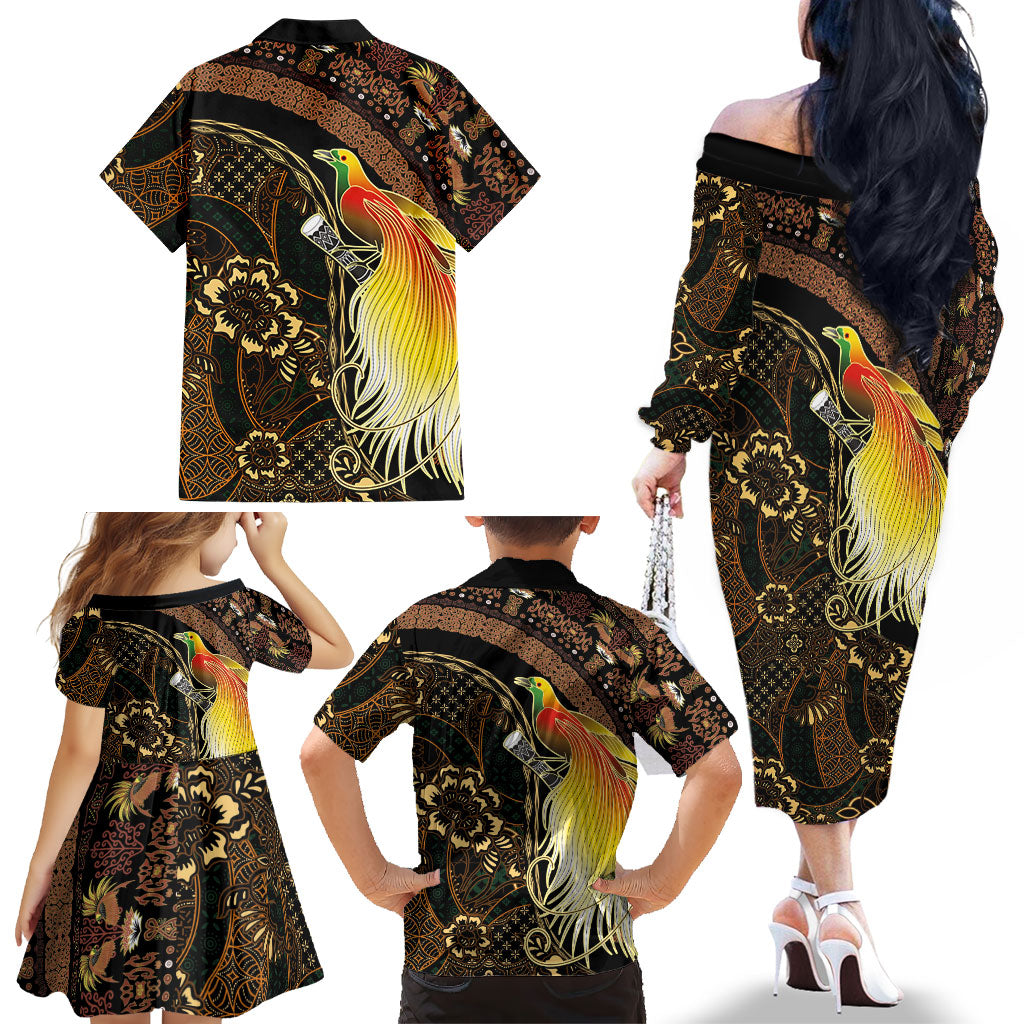 Papua New Guinea and Indonesia Batik Family Matching Off The Shoulder Long Sleeve Dress and Hawaiian Shirt Bird of Paradise with Tribal Batik Patterns LT03 - Polynesian Pride