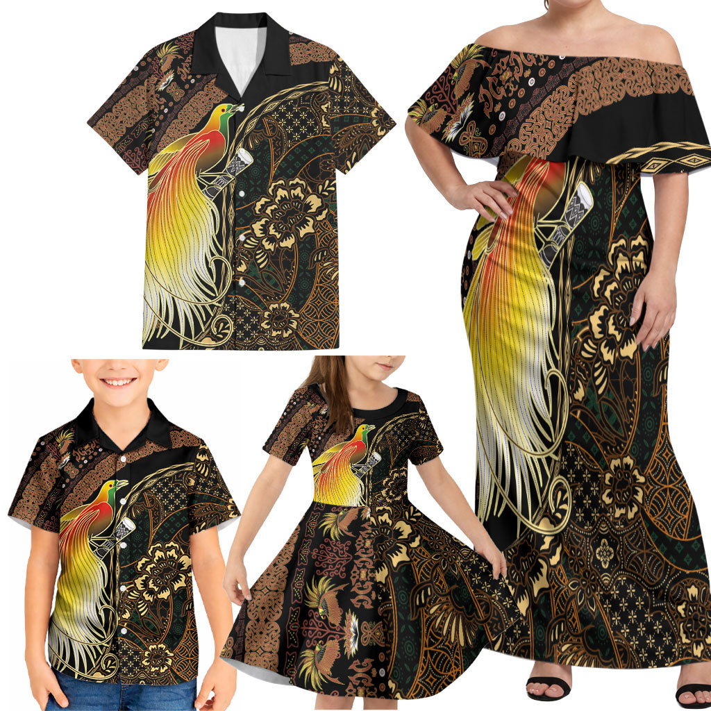 Papua New Guinea and Indonesia Batik Family Matching Off Shoulder Maxi Dress and Hawaiian Shirt Bird of Paradise with Tribal Batik Patterns LT03 - Polynesian Pride