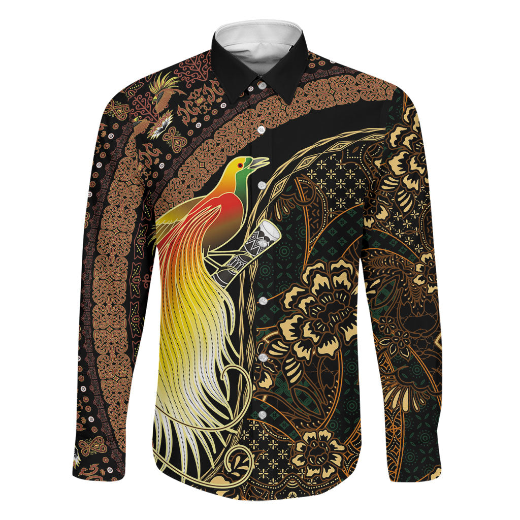 Papua New Guinea and Indonesia Batik Family Matching Off Shoulder Short Dress and Hawaiian Shirt Bird of Paradise with Tribal Batik Patterns LT03 Dad's Shirt - Long Sleeve Multicolor - Polynesian Pride