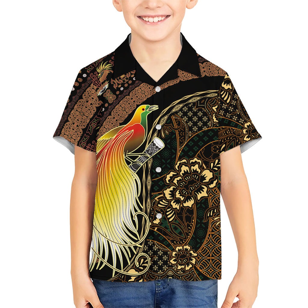 Papua New Guinea and Indonesia Batik Family Matching Off Shoulder Short Dress and Hawaiian Shirt Bird of Paradise with Tribal Batik Patterns LT03 Son's Shirt Multicolor - Polynesian Pride