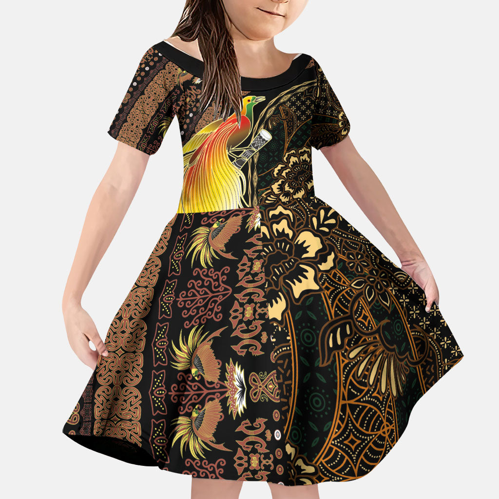 Papua New Guinea and Indonesia Batik Family Matching Short Sleeve Bodycon Dress and Hawaiian Shirt Bird of Paradise with Tribal Batik Patterns LT03 Daughter's Dress Multicolor - Polynesian Pride
