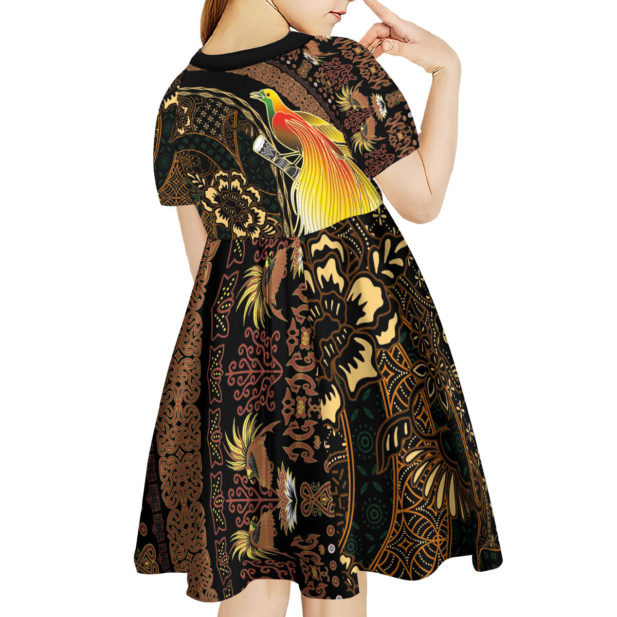 Papua New Guinea and Indonesia Batik Kid Short Sleeve Dress Bird of Paradise with Tribal Batik Patterns LT03 - Polynesian Pride
