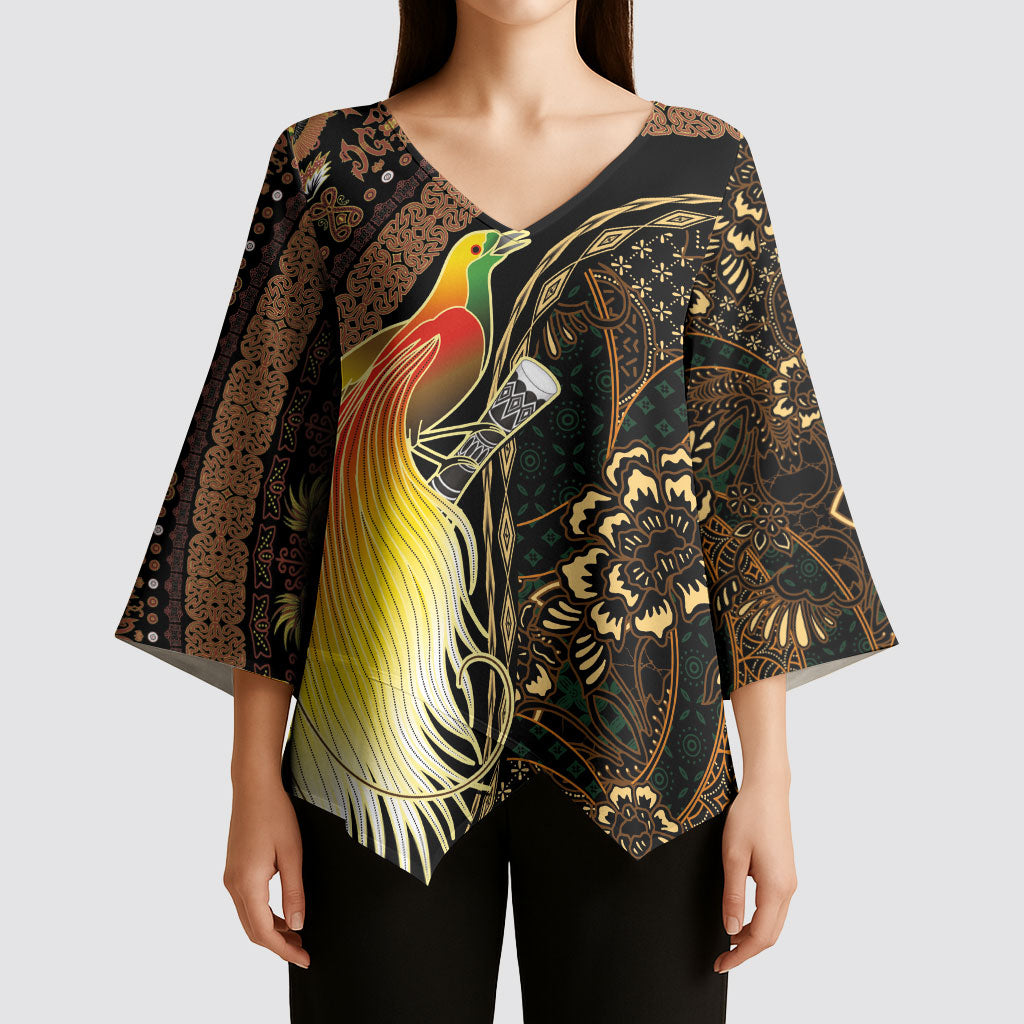 Papua New Guinea and Indonesia Batik Kimono Sleeve Blouse Bird of Paradise with Tribal Batik Patterns