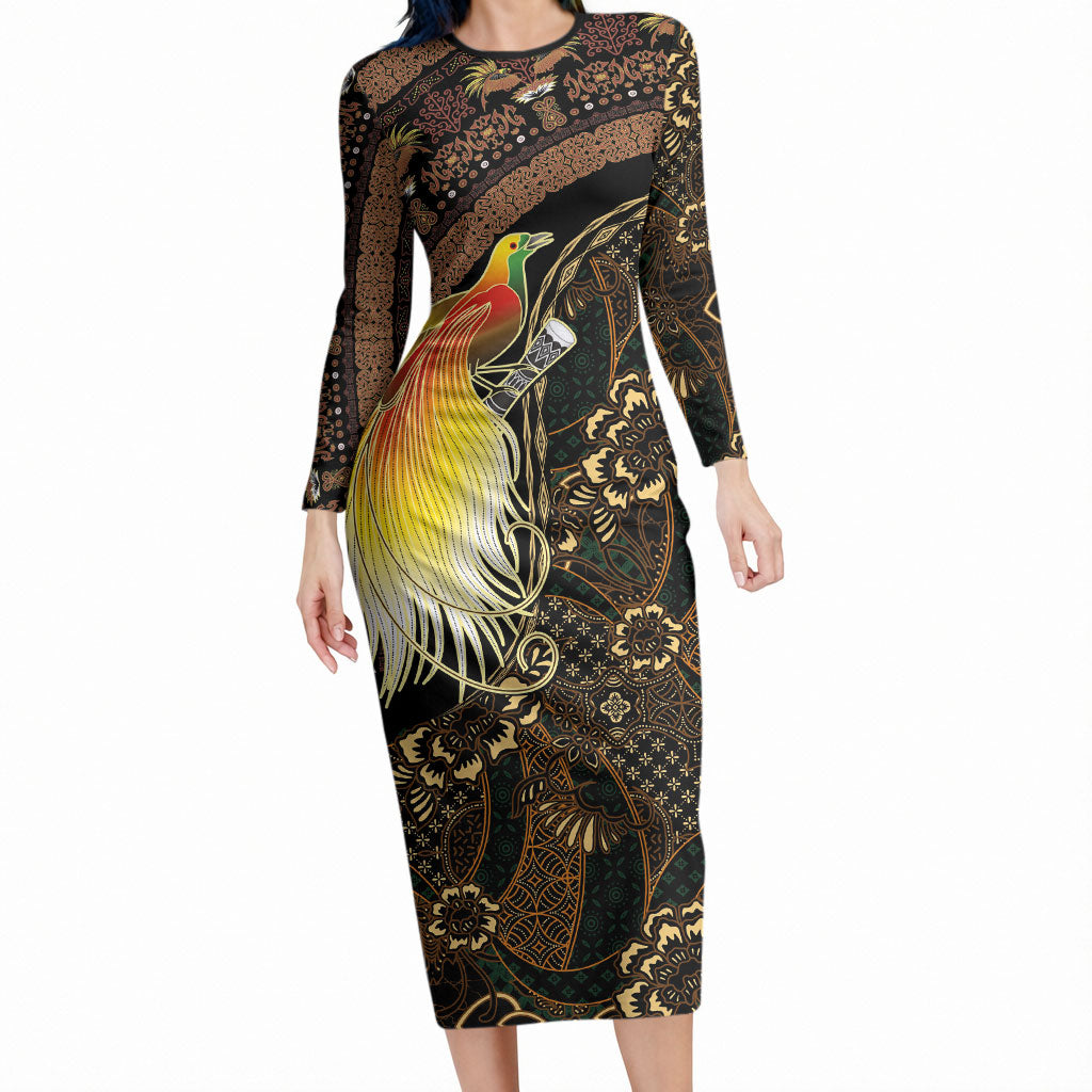 Papua New Guinea and Indonesia Batik Long Sleeve Bodycon Dress Bird of Paradise with Tribal Batik Patterns LT03 Long Dress Multicolor - Polynesian Pride